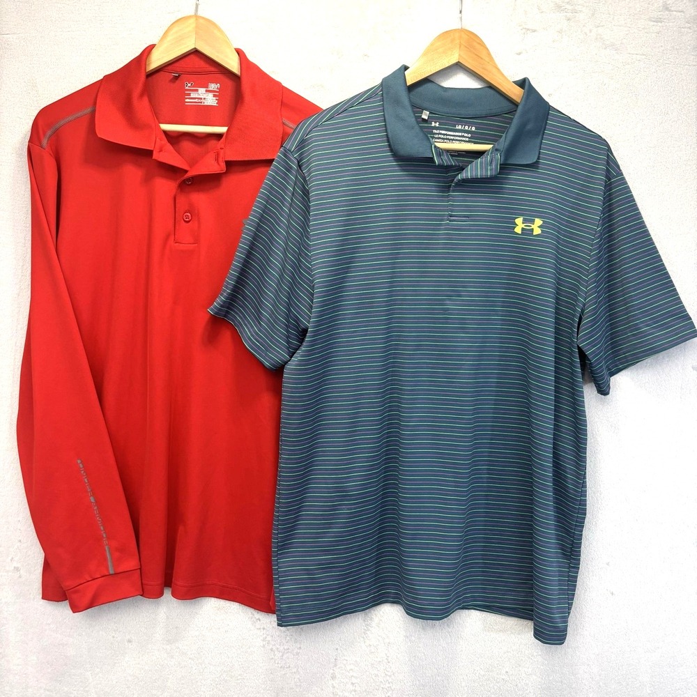 Lot Of 2 Under Armour Golf Polo Shirts Mens Large Blue Red Long Sleeve Short